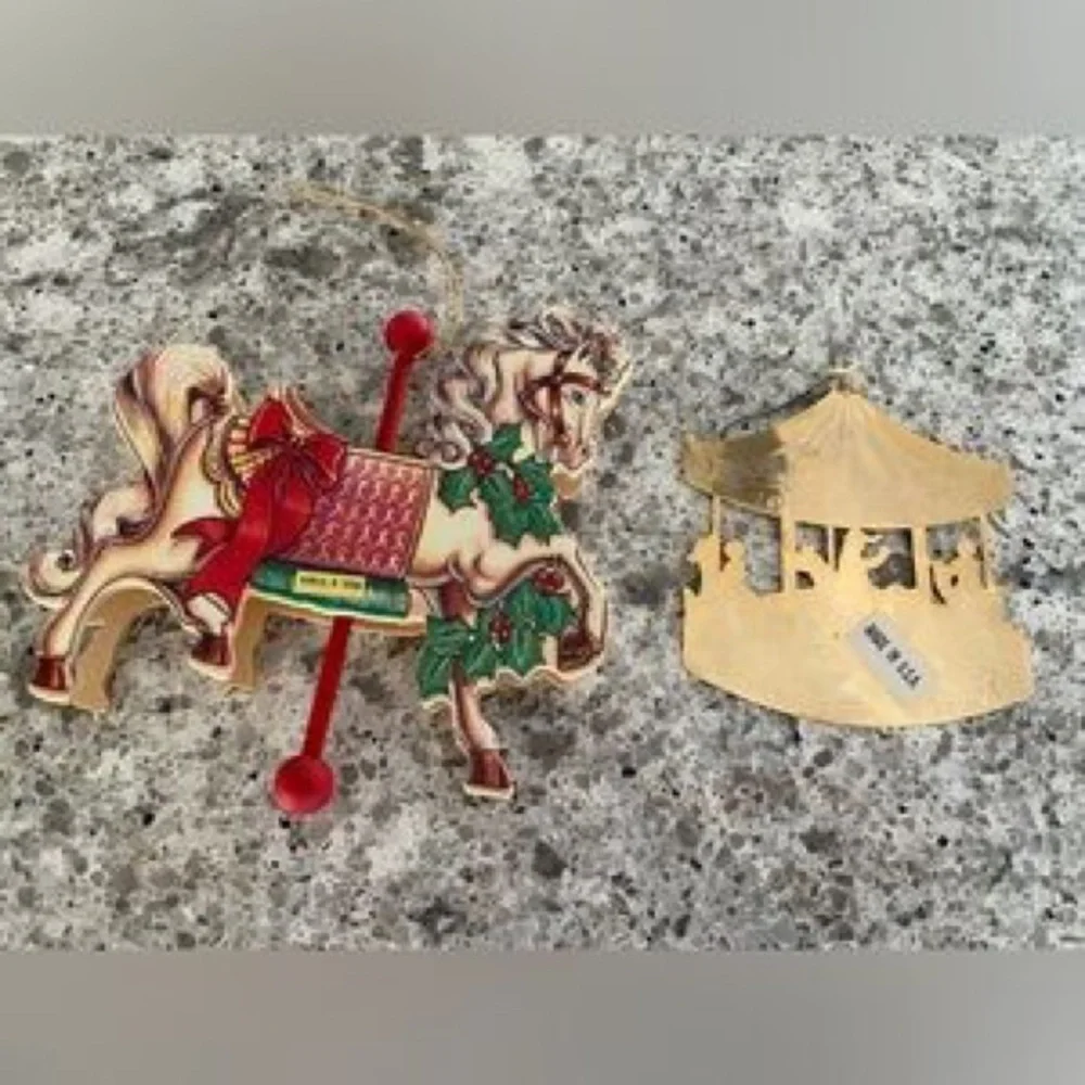 Holiday Carousel Horse and Merry-Go-Round Ornaments - Red, Green, Gold
